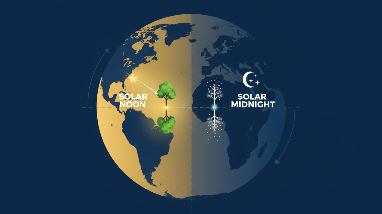 Solar Noon, Seasons & Shadows: How Antipodal Points Experience Time Differently