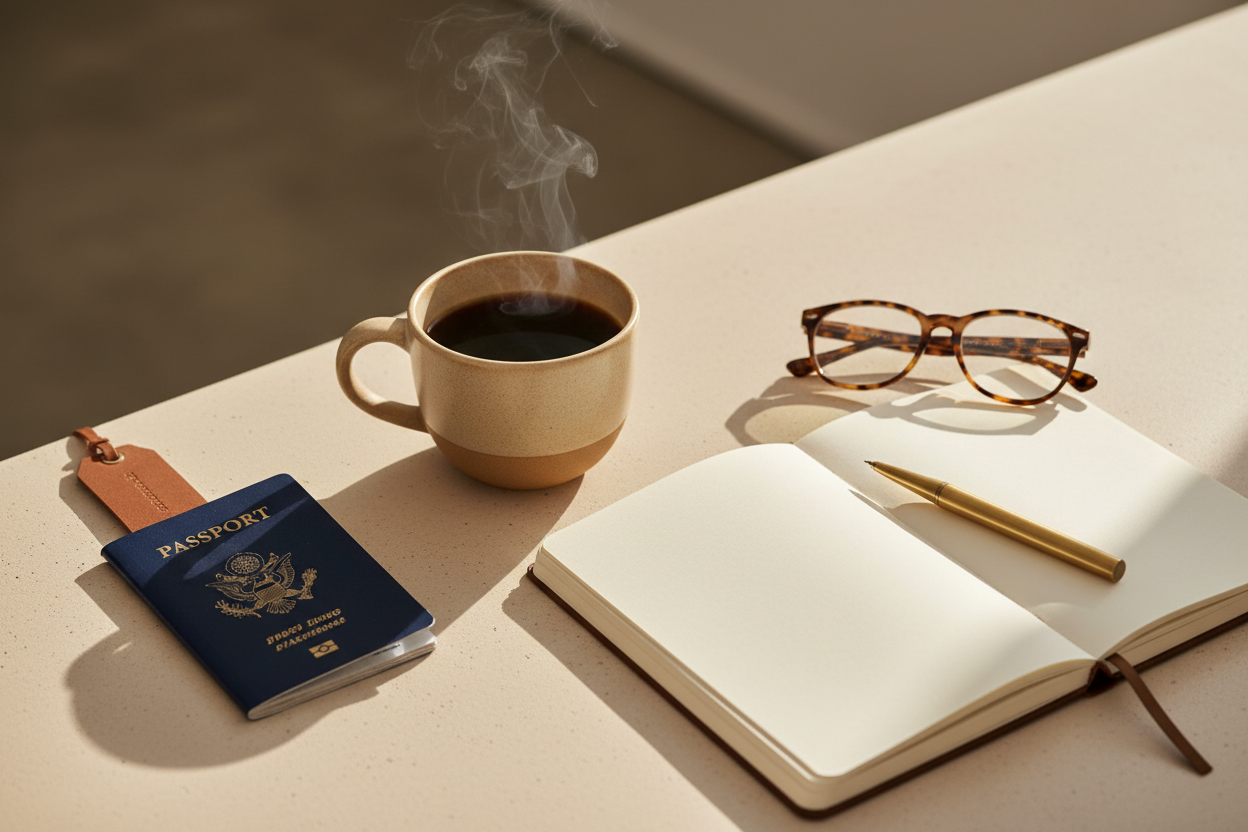 give me a passport, coffee, notebook shot