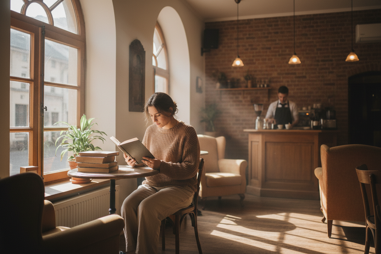 Slow Travel
someone reading in a café window
gentle movement, soft light