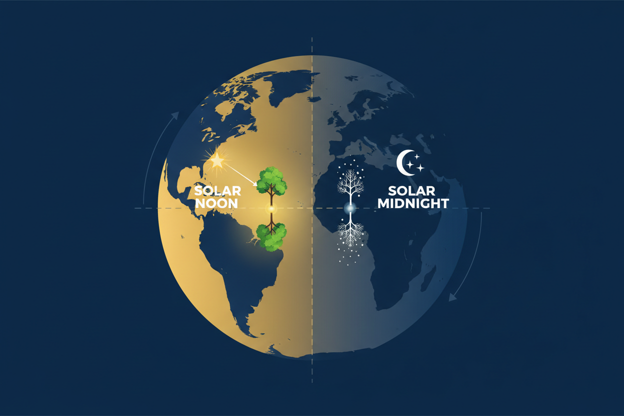 Solar Noon, Seasons &amp; Shadows: How Antipodal Points Experience Time Differently