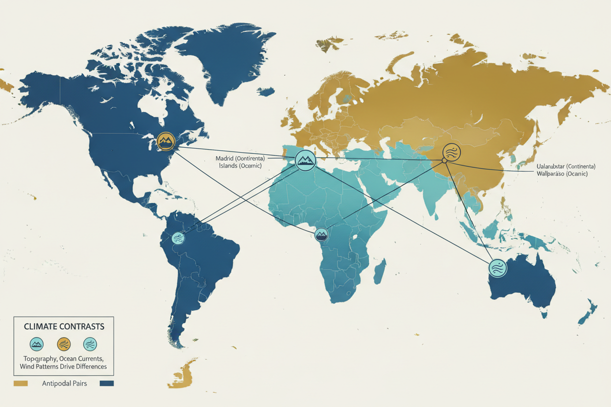 Antipodes and Climate: Why Opposite Points Rarely Share Similar Weather
