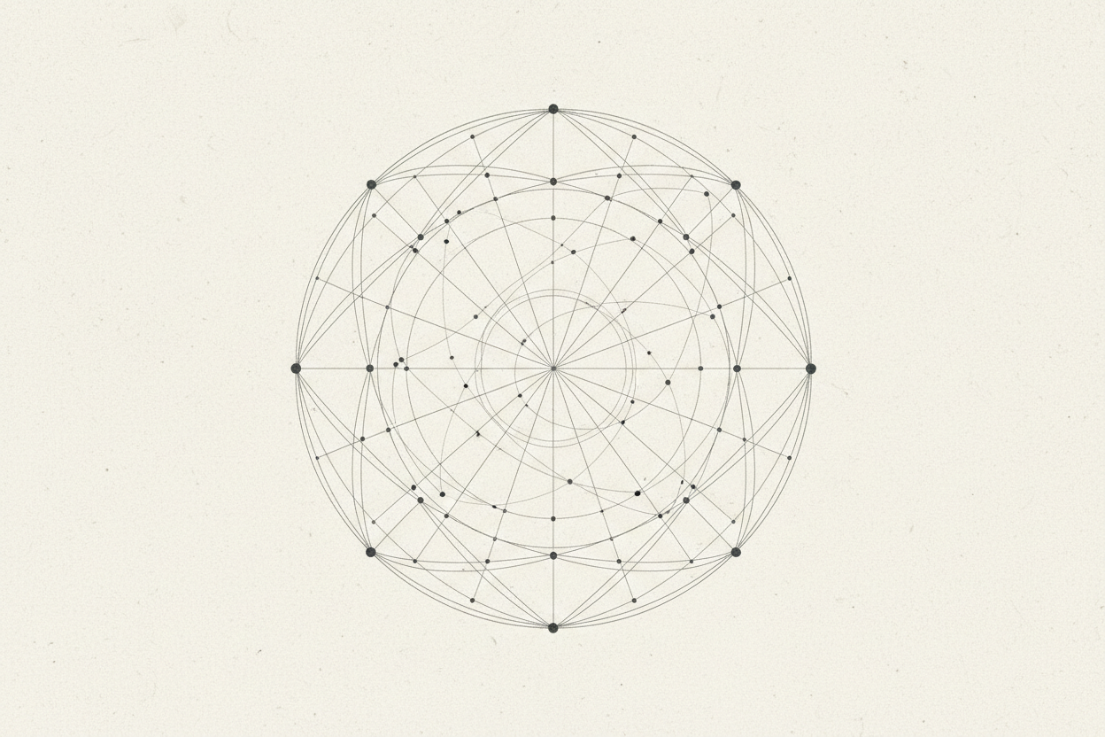 A minimalist, editorial geographic illustration representing the concept of global opposites and rare geographic symmetry.
A simplified Earth or globe viewed straight on, with multiple fine reference lines, subtle points, and arcs suggesting antipodes, near-antipodes, and long-distance alignments.
Clean atlas-style design — muted charcoal lines on an off-white or light stone background.
No country borders, no labels, no text.
Precise, calm, and reference-grade — inspired by vintage atlases and modern data v