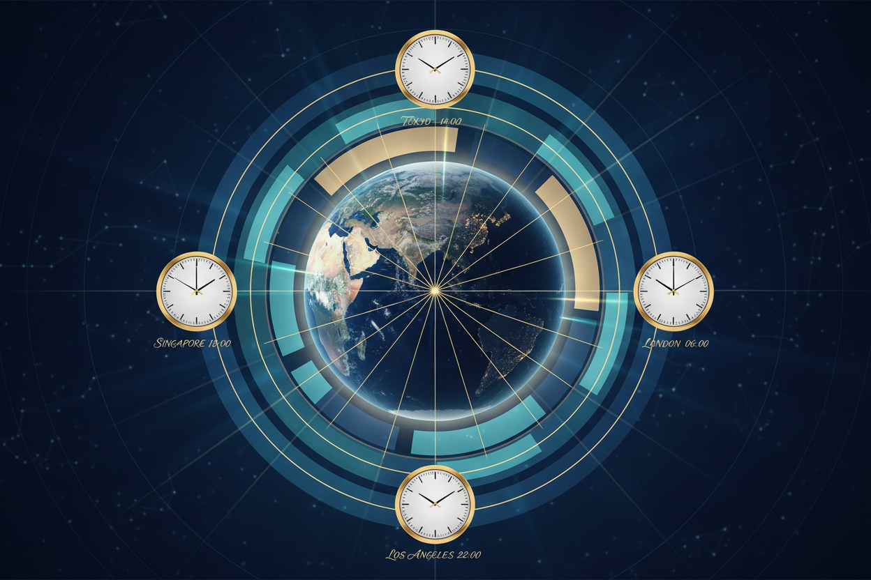 an image that represents an 'earth clock' and the timezones across the globe