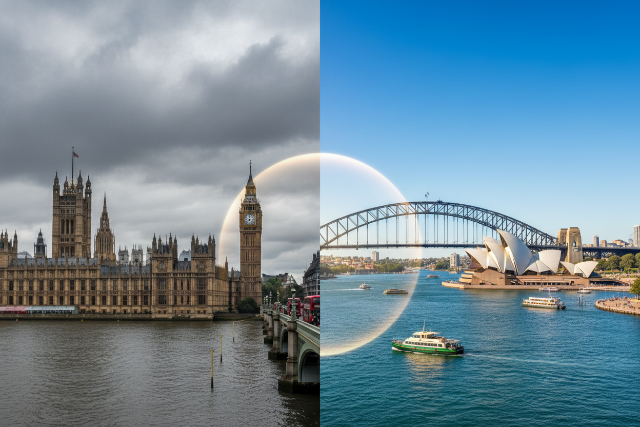photo realistic of two cities. opposite sides of the earth so maybe london then sydney